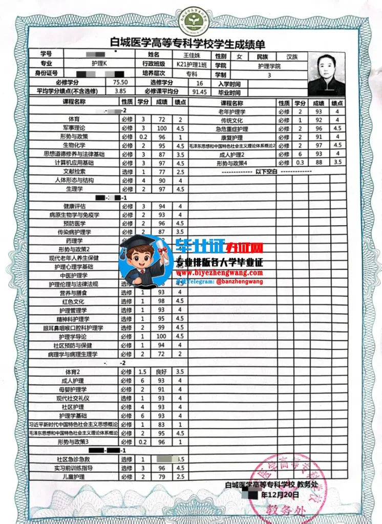 白城医学高等专科学校学生成绩单样本