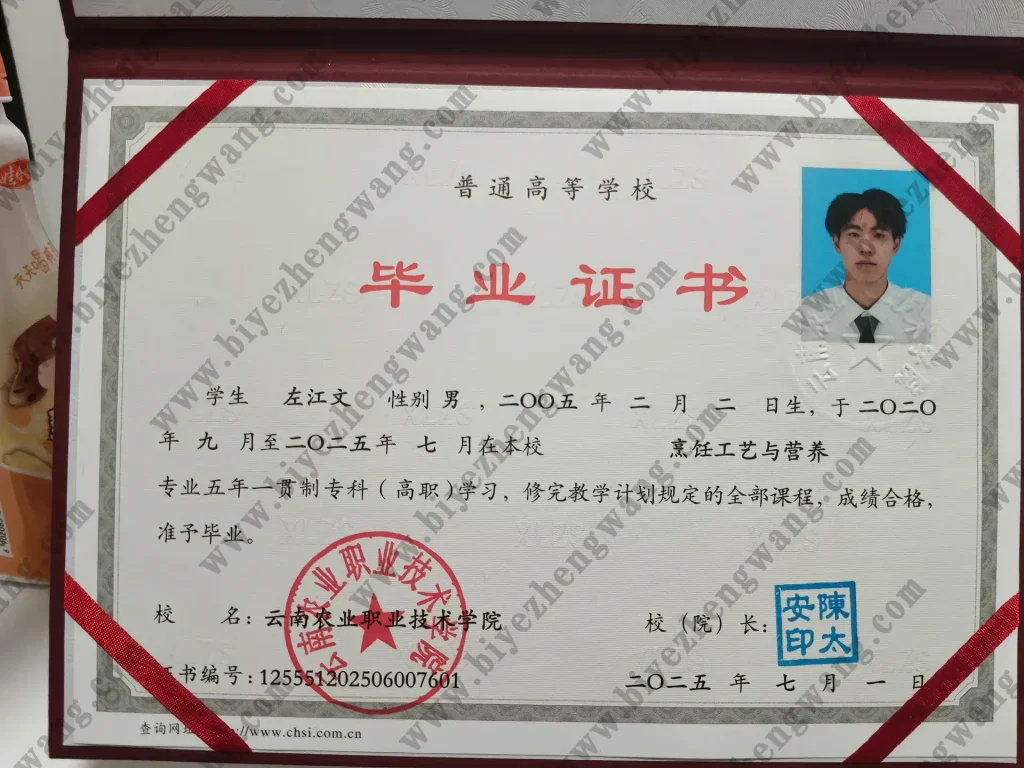 云南农业职业技术学院大专毕业证样本-专科2025年模板