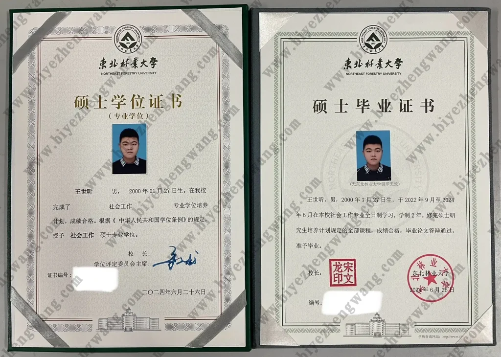 东北林业大学社会工作专业硕士毕业证书和学位证书样本(2024年新版)