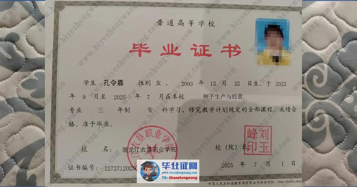 黑龙江农垦职业学院毕业证样本-模板展示