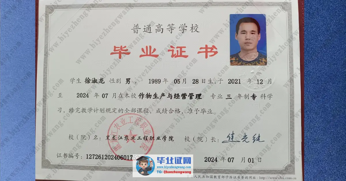 黑龙江农业工程职业学院毕业证样本-模板