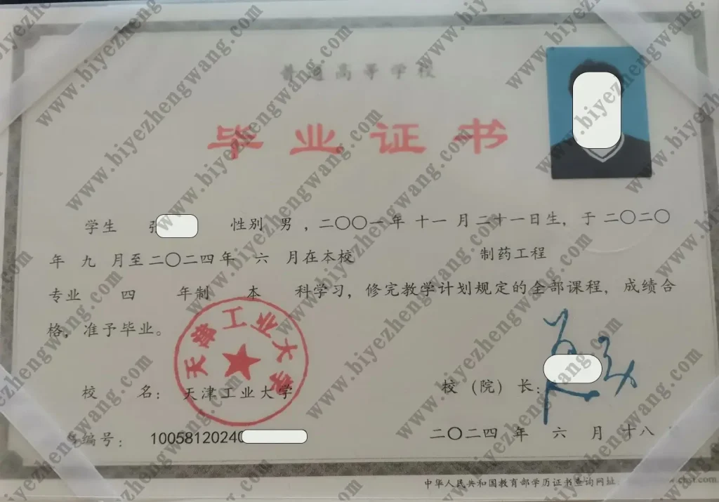 天津工业大学制药工程专业四年制本科毕业证样本-2024年模板