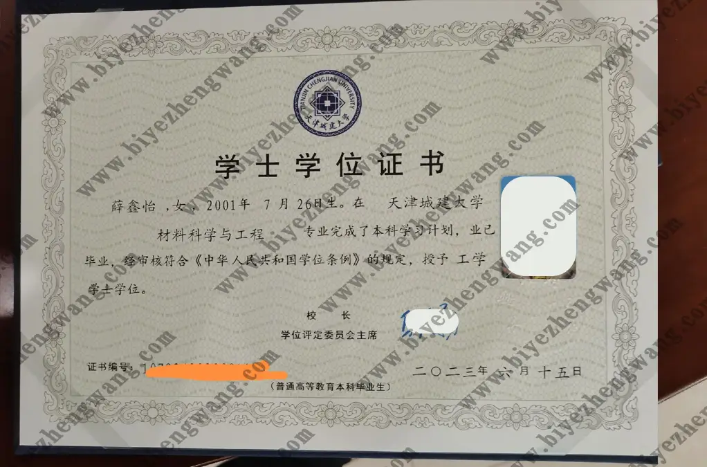 天津城建大学2023年工学学士学位证样本