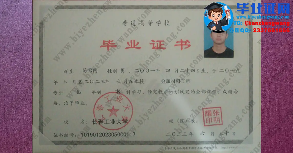 长春工业大学​2023届金属材料工程专业本科毕业证高清模板