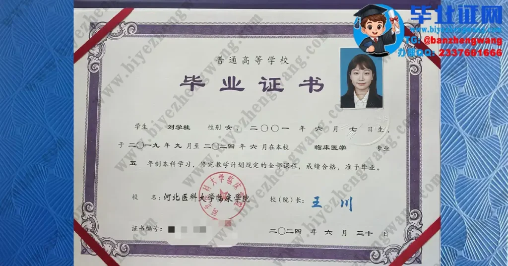 河北医科大学临床学院毕业证办理-2024届临床医学专业五年制本科毕业证专版样本图