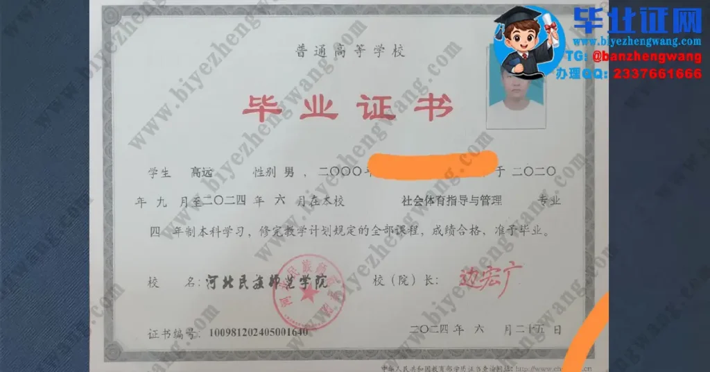 河北民族师范学院毕业证样本-2024届社会体育指导与管理专业本科毕业证高清模板