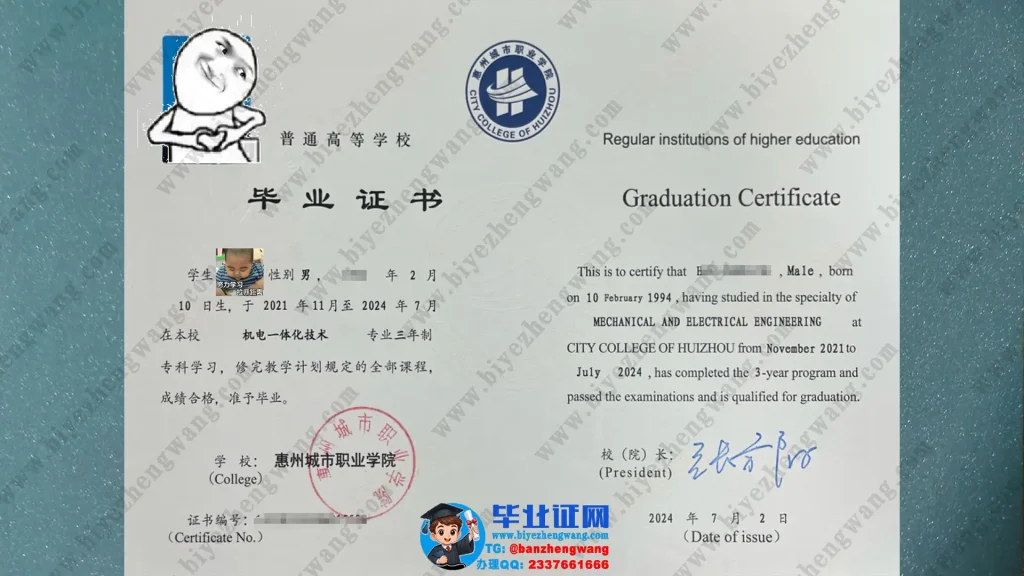 惠州城市职业学院机电一体化技术专业三年至专科毕业证模板