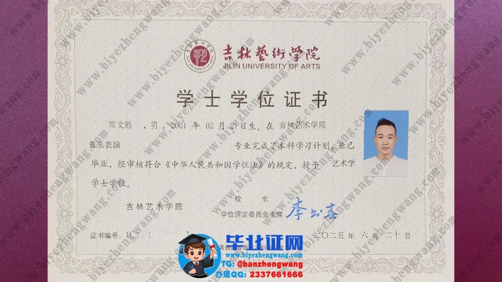 吉林艺术学院学士学位证样本-2025届音乐表演专业艺术学学位证高清模板