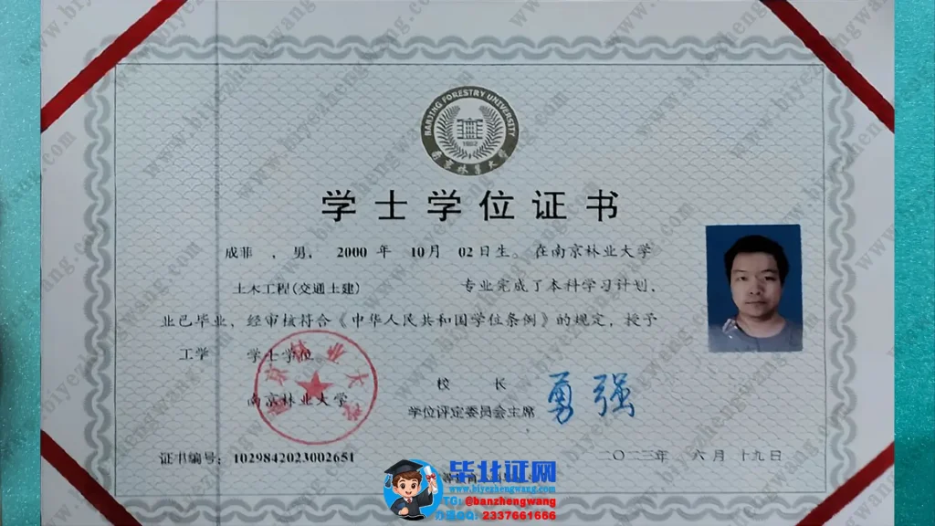 南京林业大学学位证制作-南京林业大学土木工程专业学士学位证书高清图