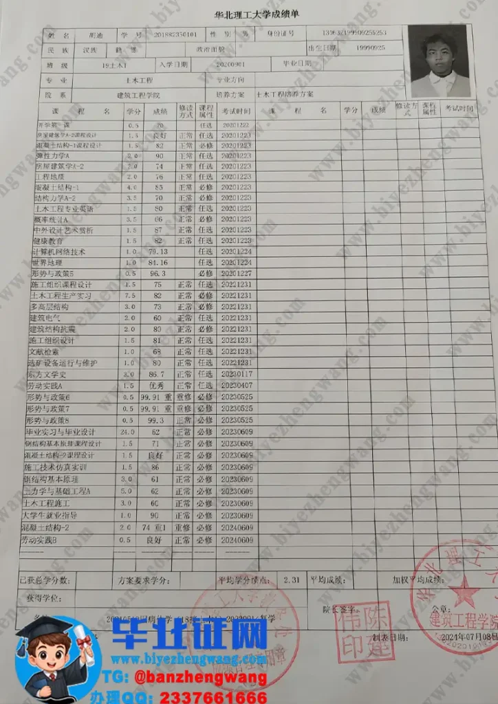 华北理工大学成绩单样本图