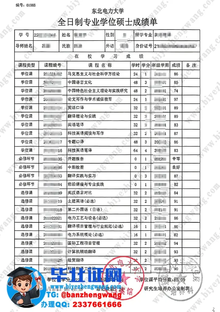 东北电力大学​全日制专业学位硕士成绩单样本图