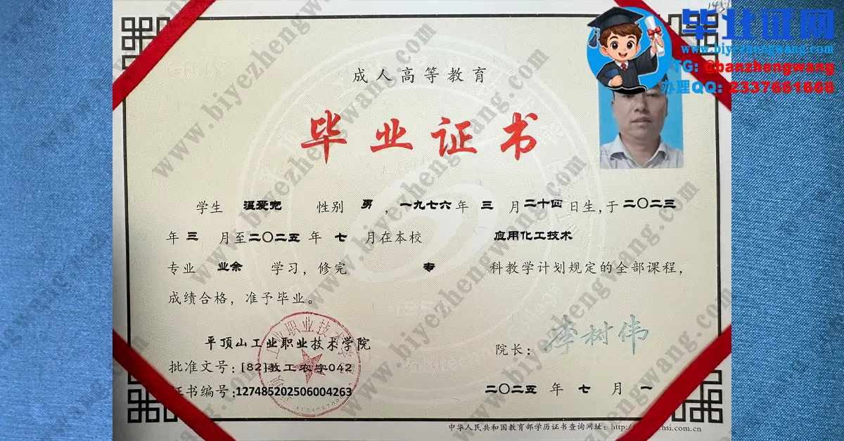 平顶山工业职业技术学院2025届应用化工技术专业业余学习成人毕业证专版高清模板