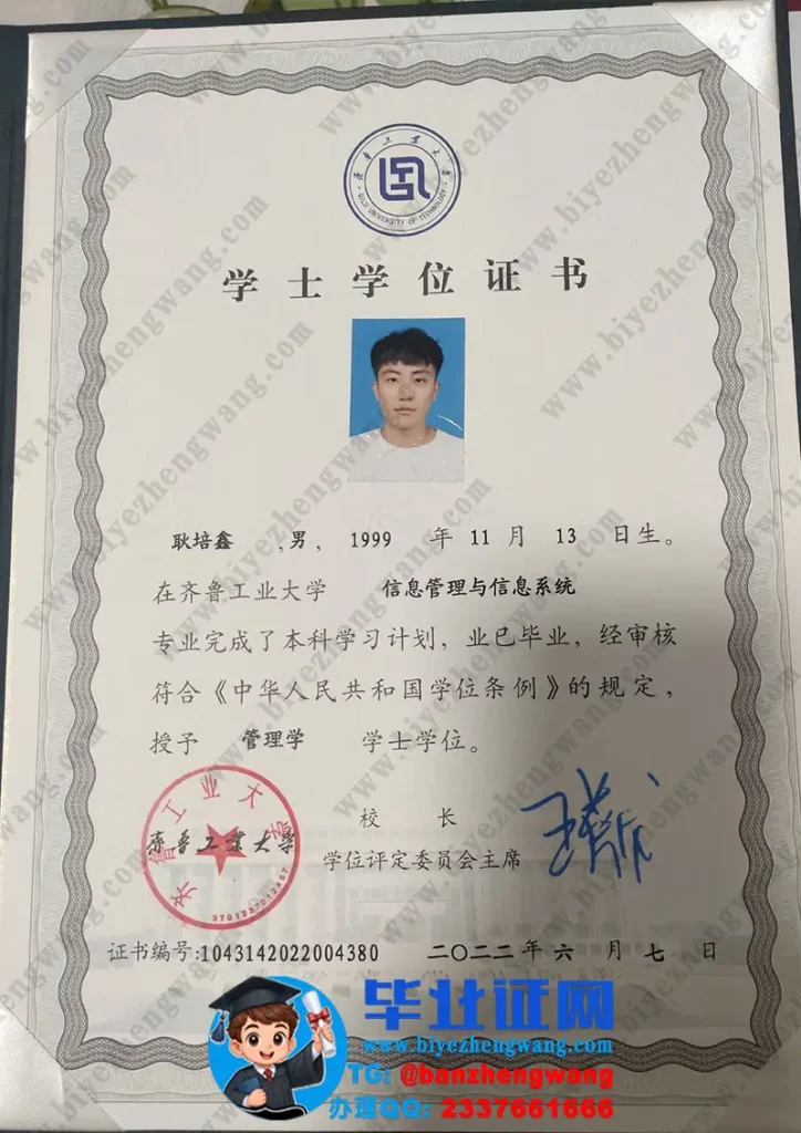 齐鲁工业大学学士学位证样本-2022届信息管理与信息系统管理学学士学位证专版模板