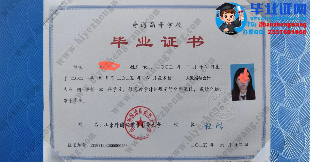 山东外国语职业技术大学毕业证样本-2025届大数据与会计专业四年制本科毕业证专版模板