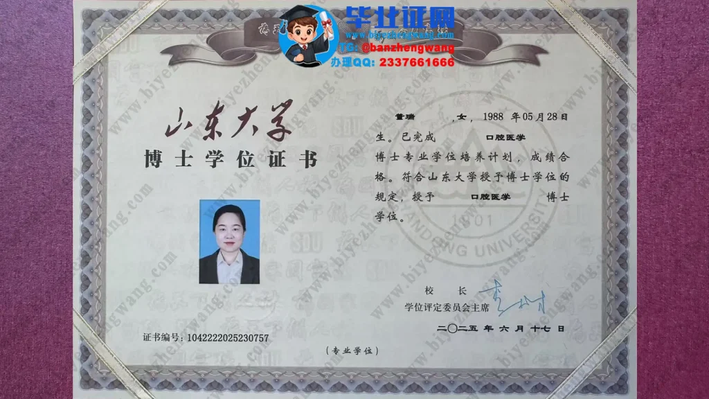 山东大学2025届口腔医学专业口腔医学博士学位证书专版高清模板设计