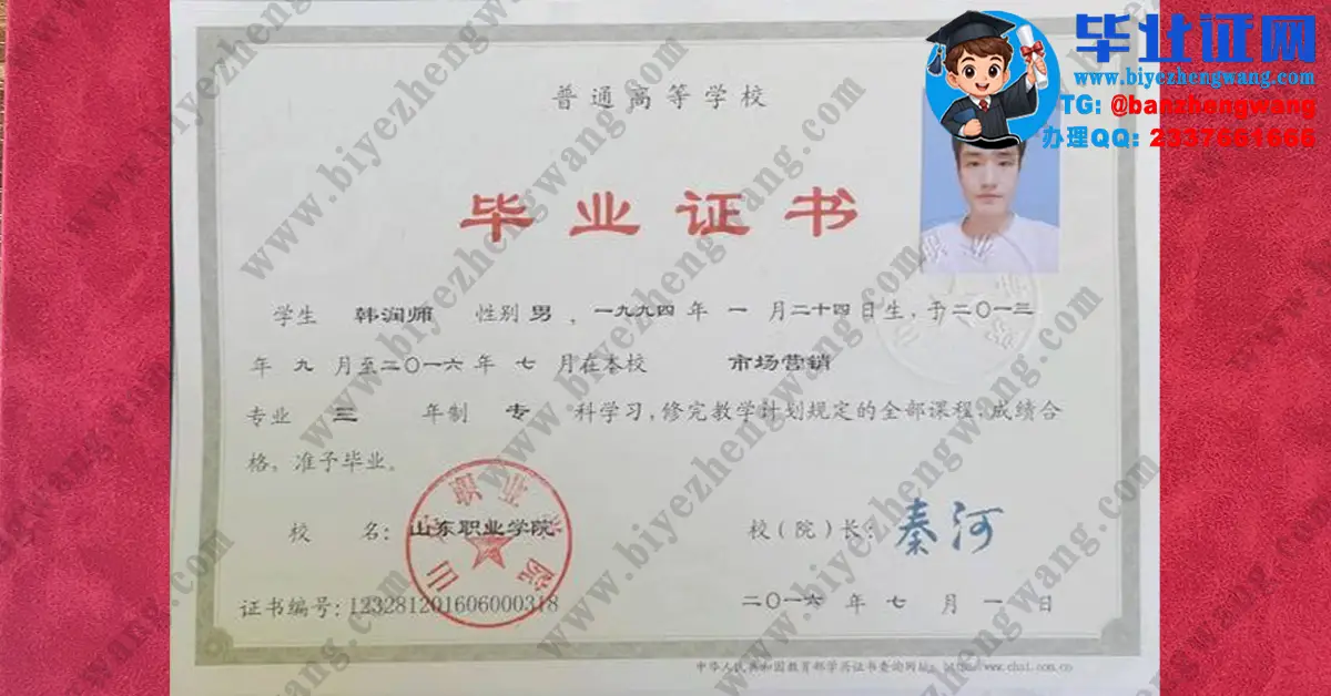 山东职业学院市场营销专业三年制专科毕业证高清模板
