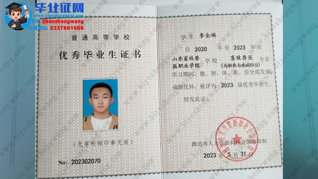 山东畜牧兽医职业学院优秀毕业生证书专版模板展示