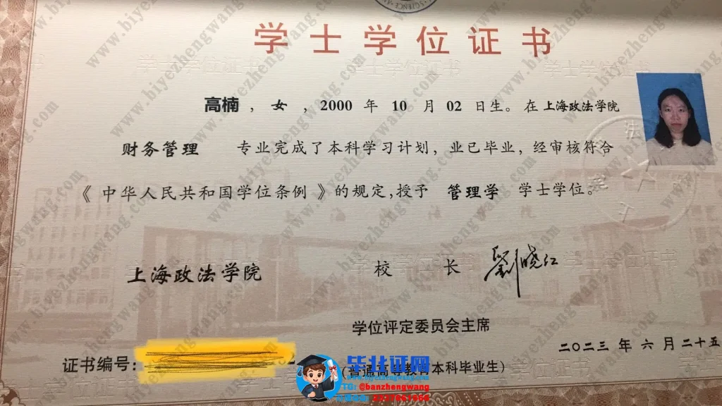补办上海政法学院学士学位证-上海政法学院财务管理专业管理学学士学位证书模板