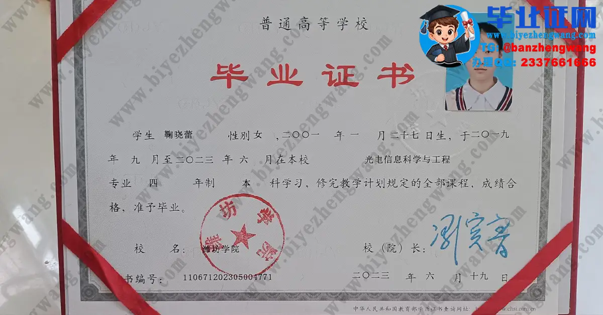 潍坊学院2023届光电信息科学与工程专业四年制本科毕业证高清样本定制