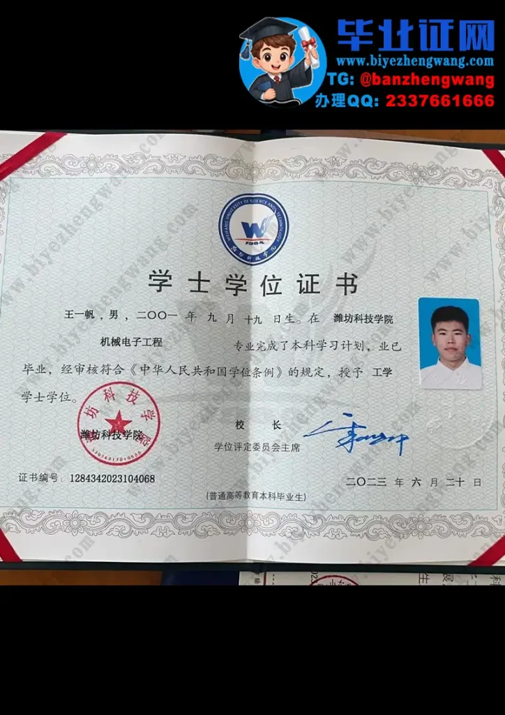 潍坊科技学院学士学位证样本-2023届机械电子工程专业工学学士学位证高清模板