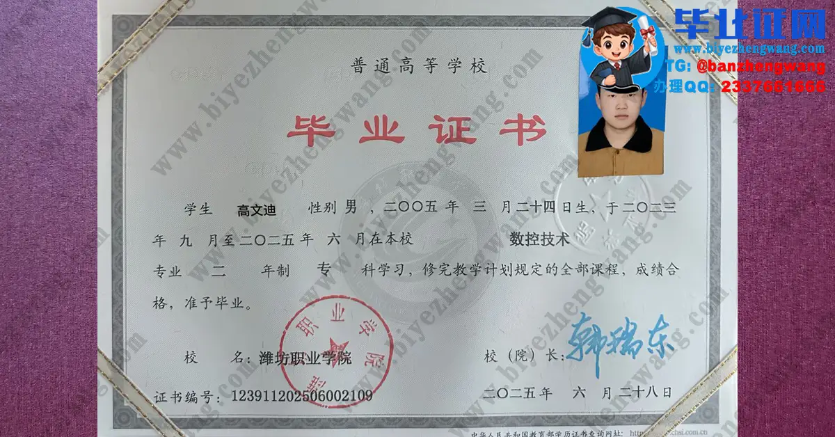 潍坊职业学院2025届数控技术专业两年制专科毕业证高清图