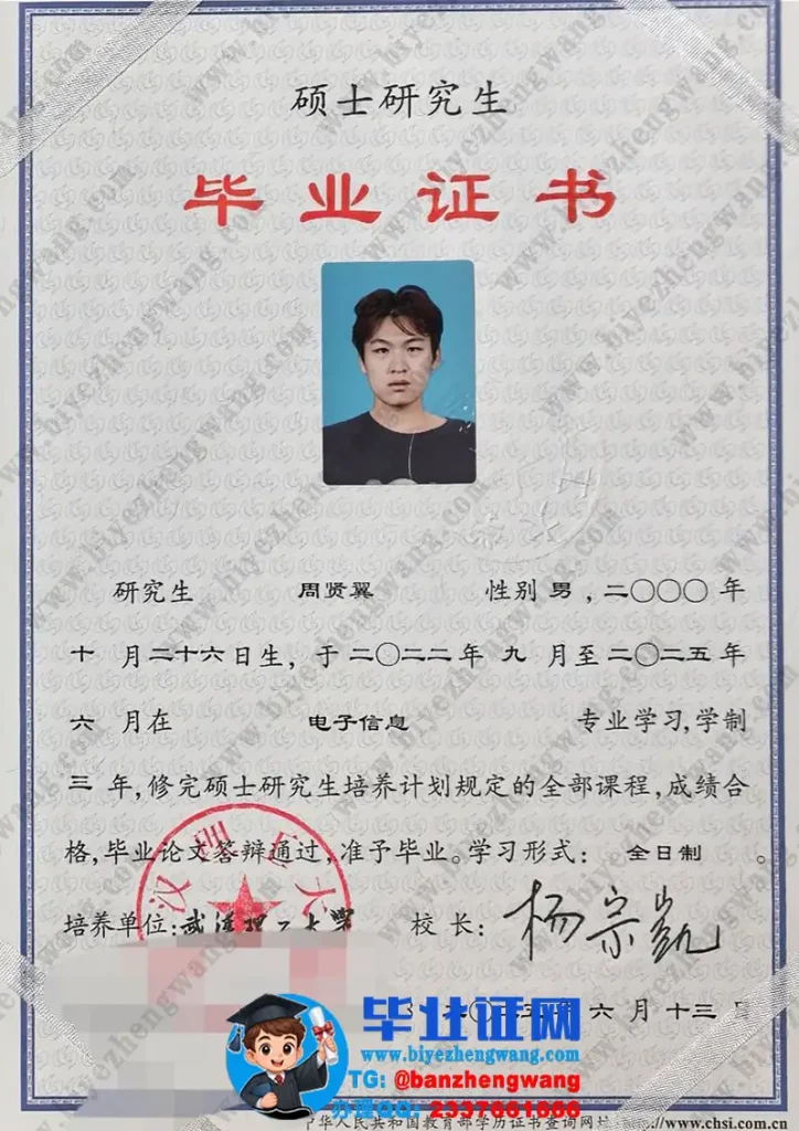 武汉理工大学2025届电子信息专业三年全日制硕士研究生毕业证高清模板示例