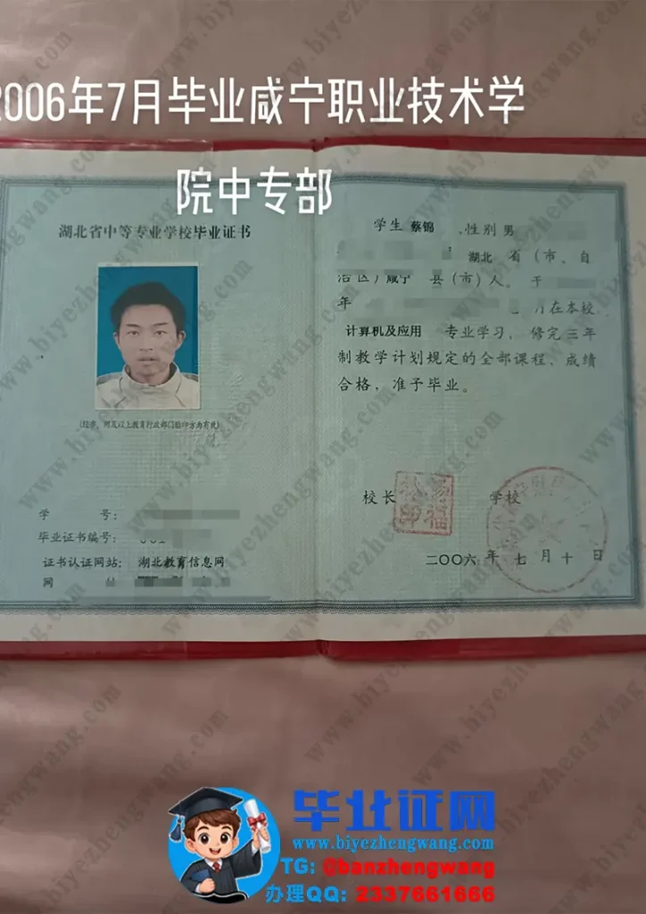咸宁职业技术学院2006届计算机应用专业中专毕业证样本展示
