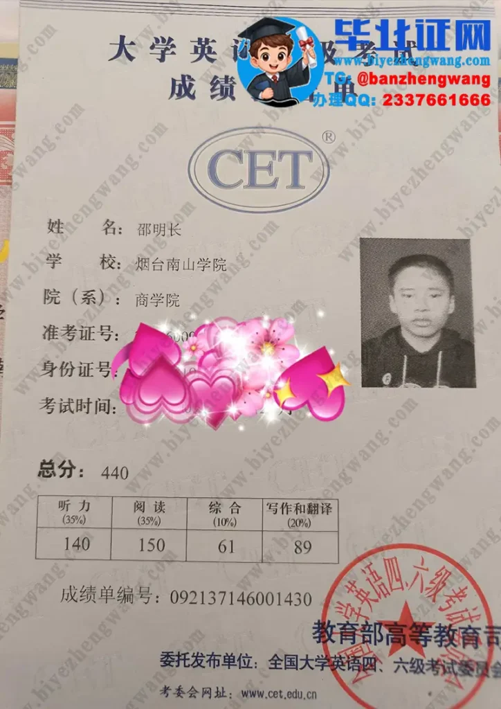 烟台南山学院大学英语四级考试成绩报告单高清样本展示