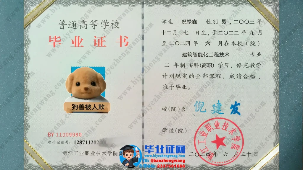 浙江工业职业技术学院毕业证样本-2024届两年制专科毕业证模板