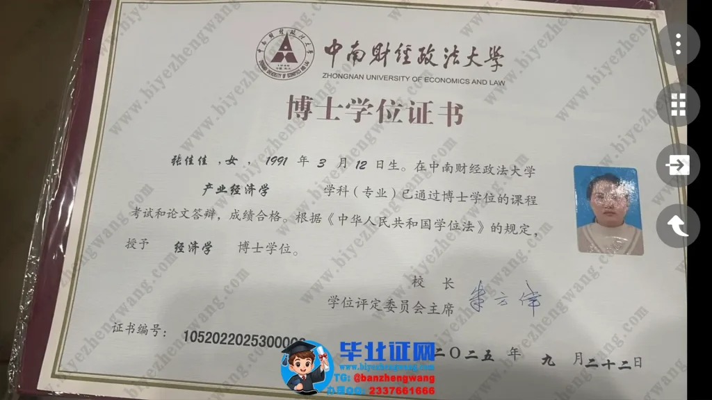 中南财经政法大学2025届产业经济学专业经济学博士学位证书高清模板