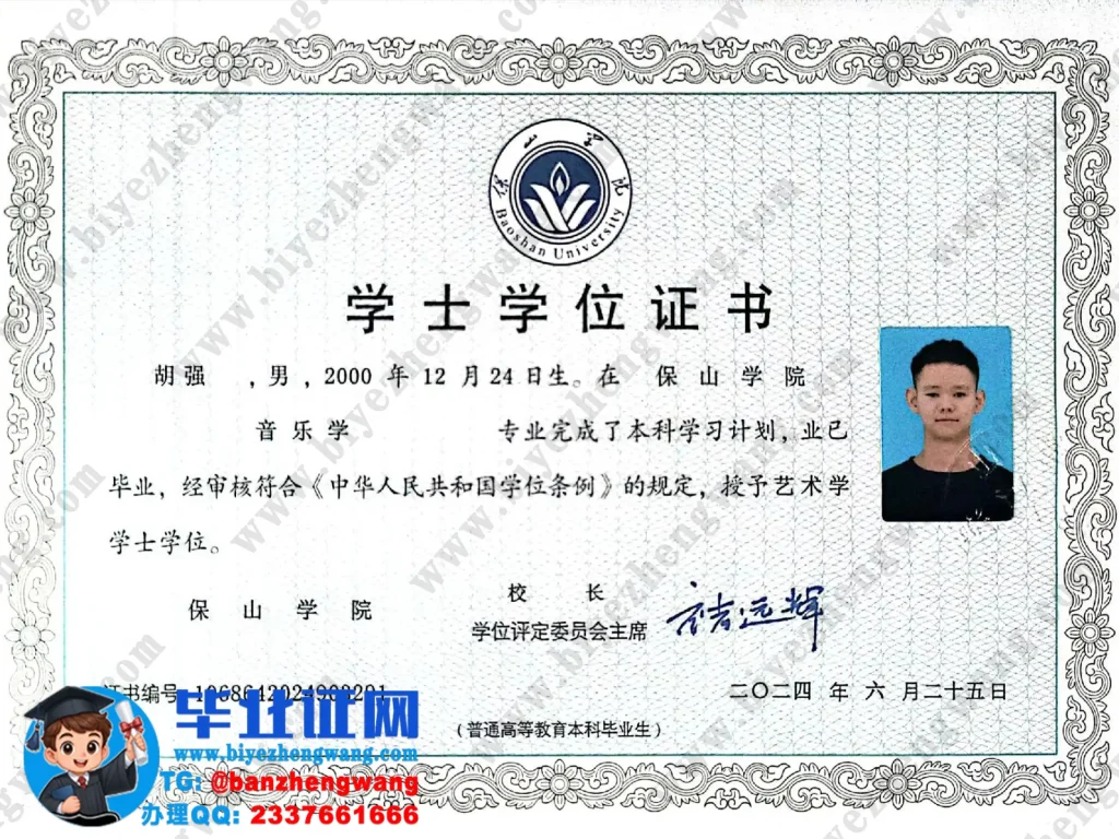 保山学院学士学位证样本-2024届音乐学专业艺术学学士学位证高清模板