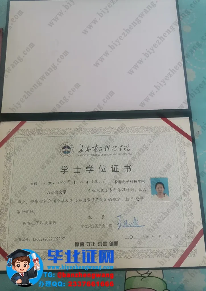 长春电子科技学院2022届汉语言文学专业文学学士学位证样本