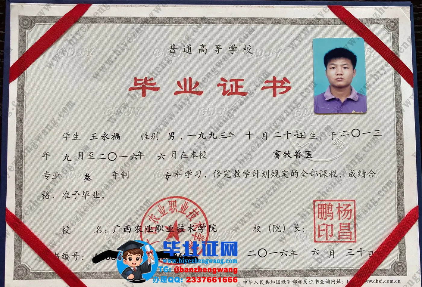广西农业职业技术大学2016和2022届专科毕业证/学位证高清模板样例图