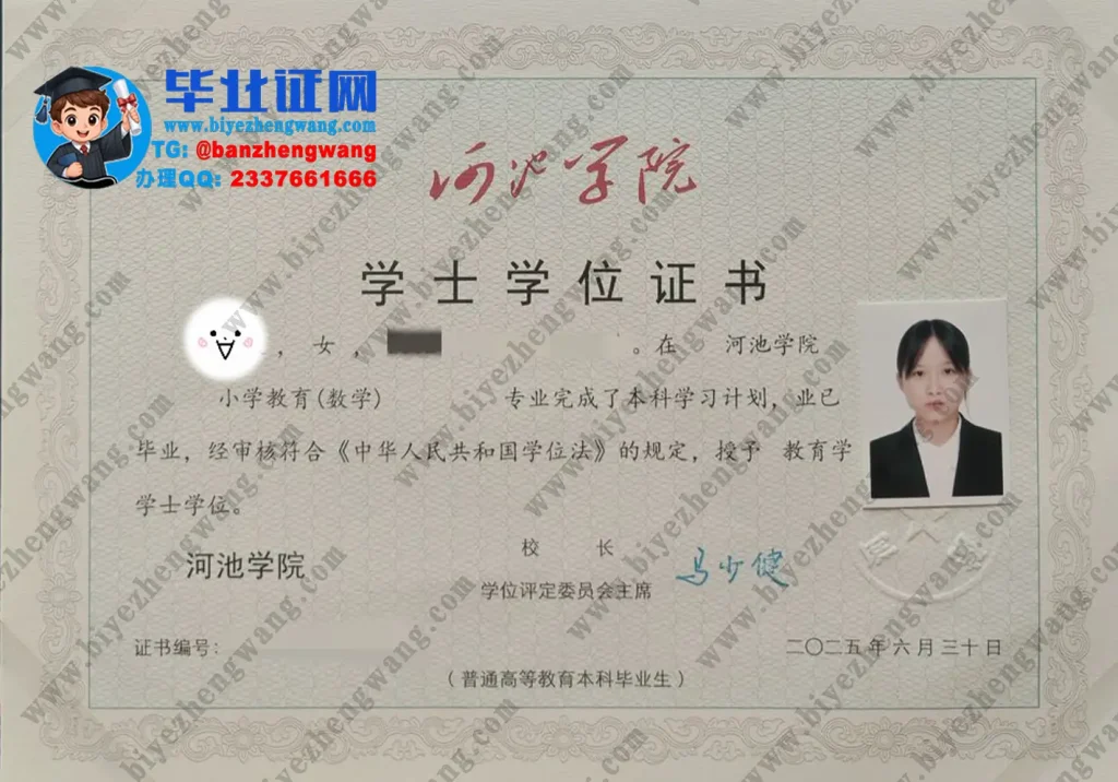 河池学院教育学学士学位证样本-2025届小学教育专业高清模板图