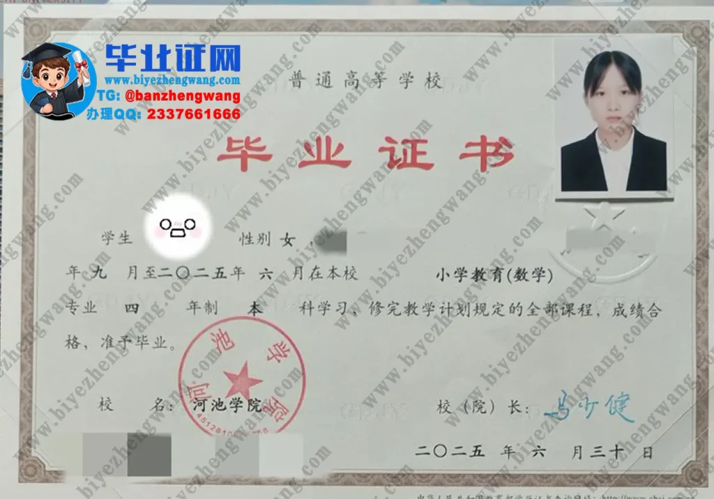河池学院2025届小学教育专业四年制本科毕业证高清样本