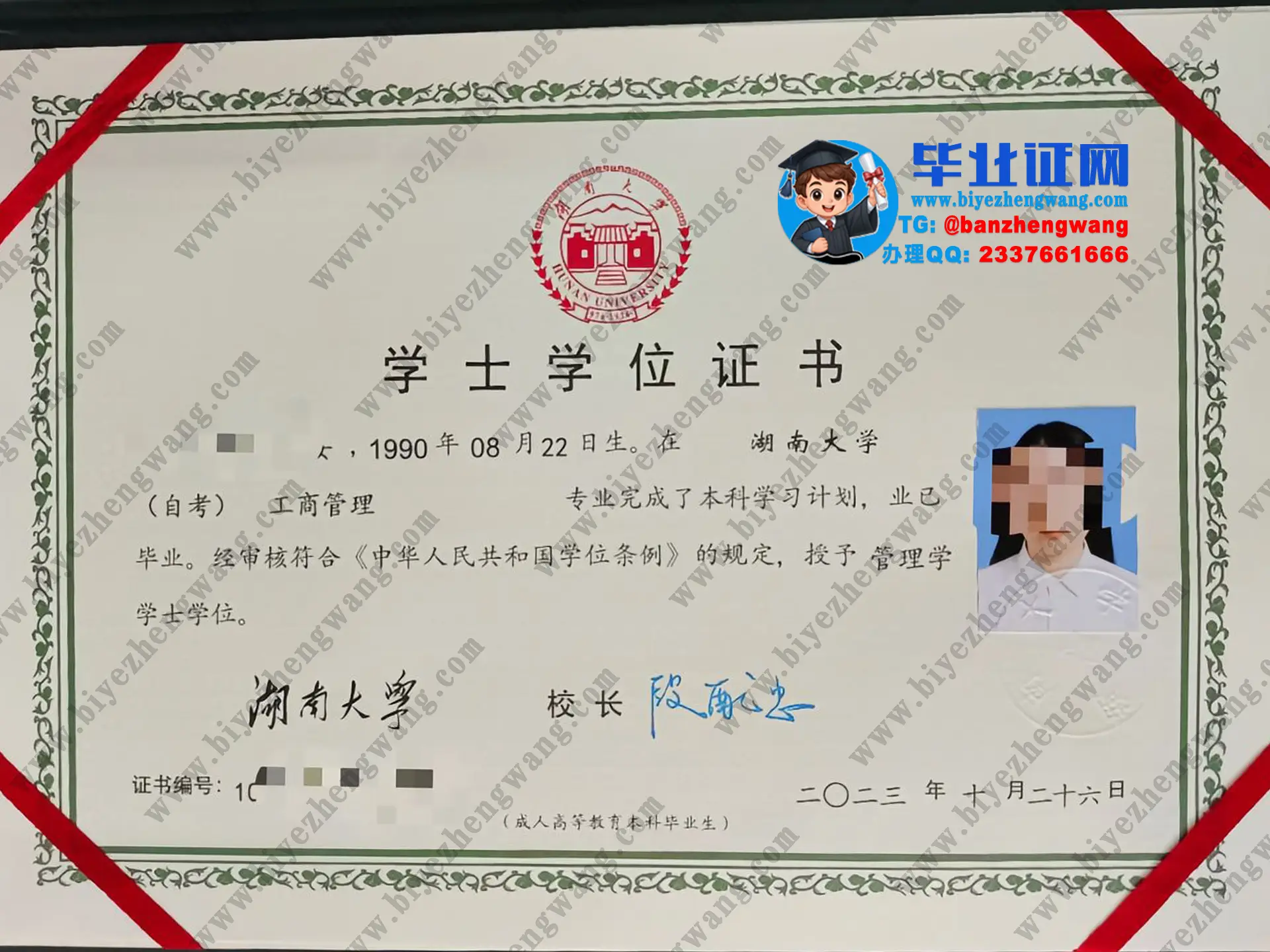 湖南大学本科/硕士/博士研究生毕业证/学位证和成绩单专版模板图展示（2024-2026届样本）