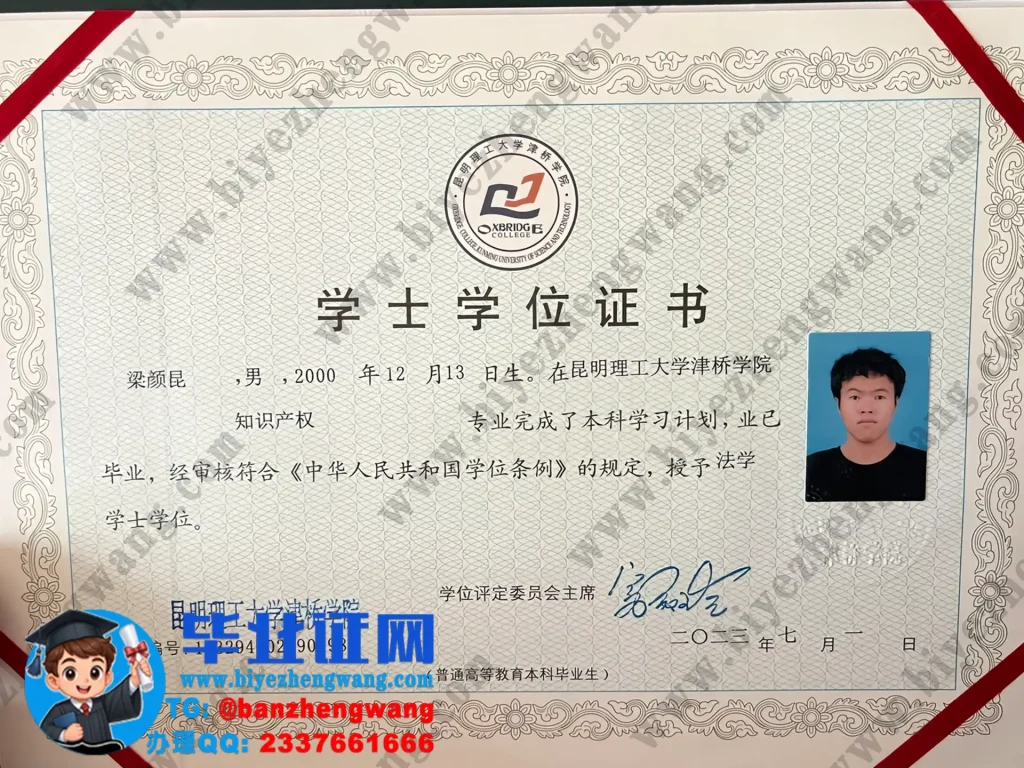 昆明理工大学津桥学院2023届知识产权专业-法学学士学位证高清样板