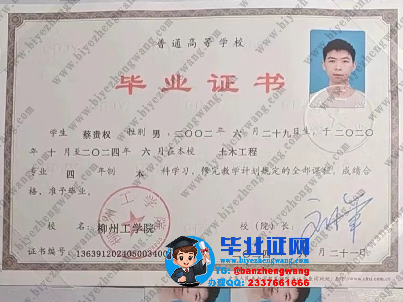 柳州工学院本科毕业证/学位证专版高清图（2024-2026届样本）