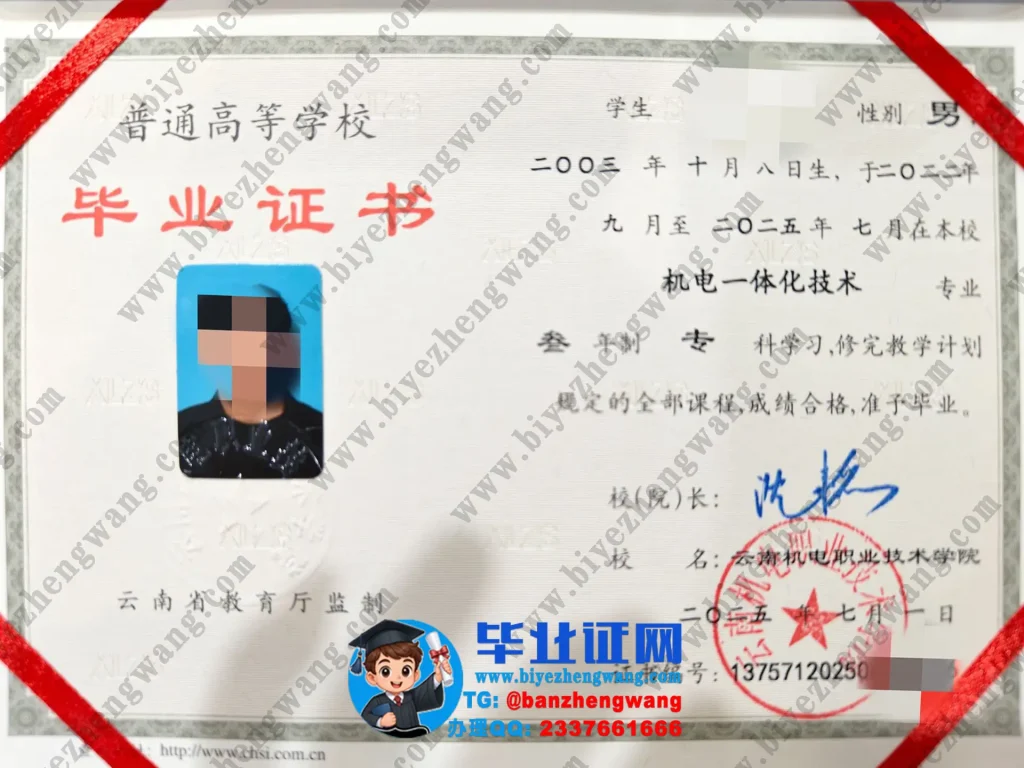云南机电职业技术学院专科毕业证样本-2025届机电一体化技术专业